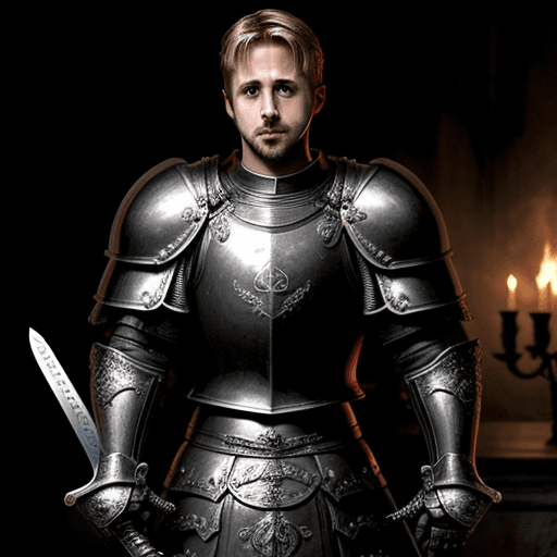 AI generated: Ryan Gosling wearing black plate armour with sword in hand.