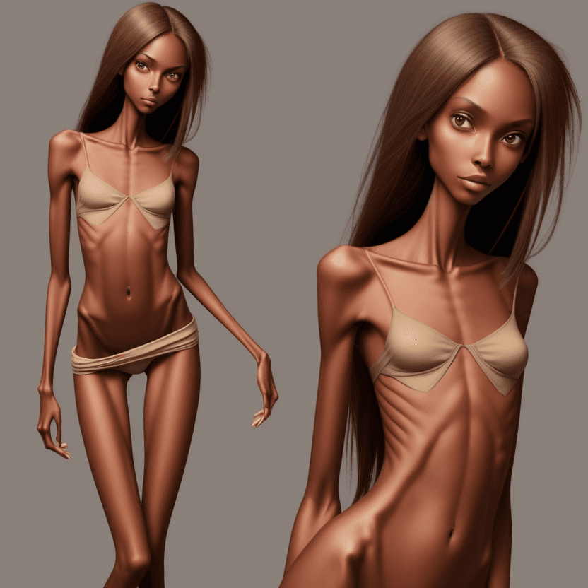 AI generated: extreme beautiful skinny brown skinned  slender face of skinny (almost anorexic) girl without a bra
