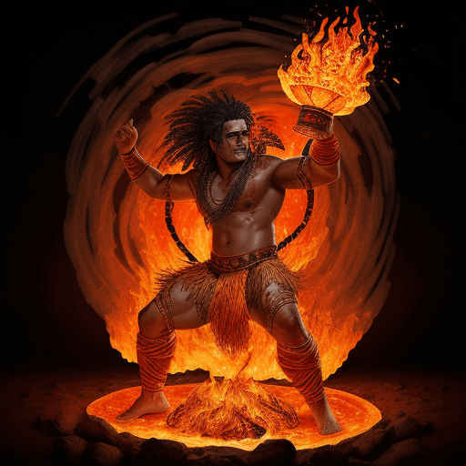 AI generated:  a Polynesian fire dancer created out of fire and ashes ((he is coming out of molten lava), fire emb...
