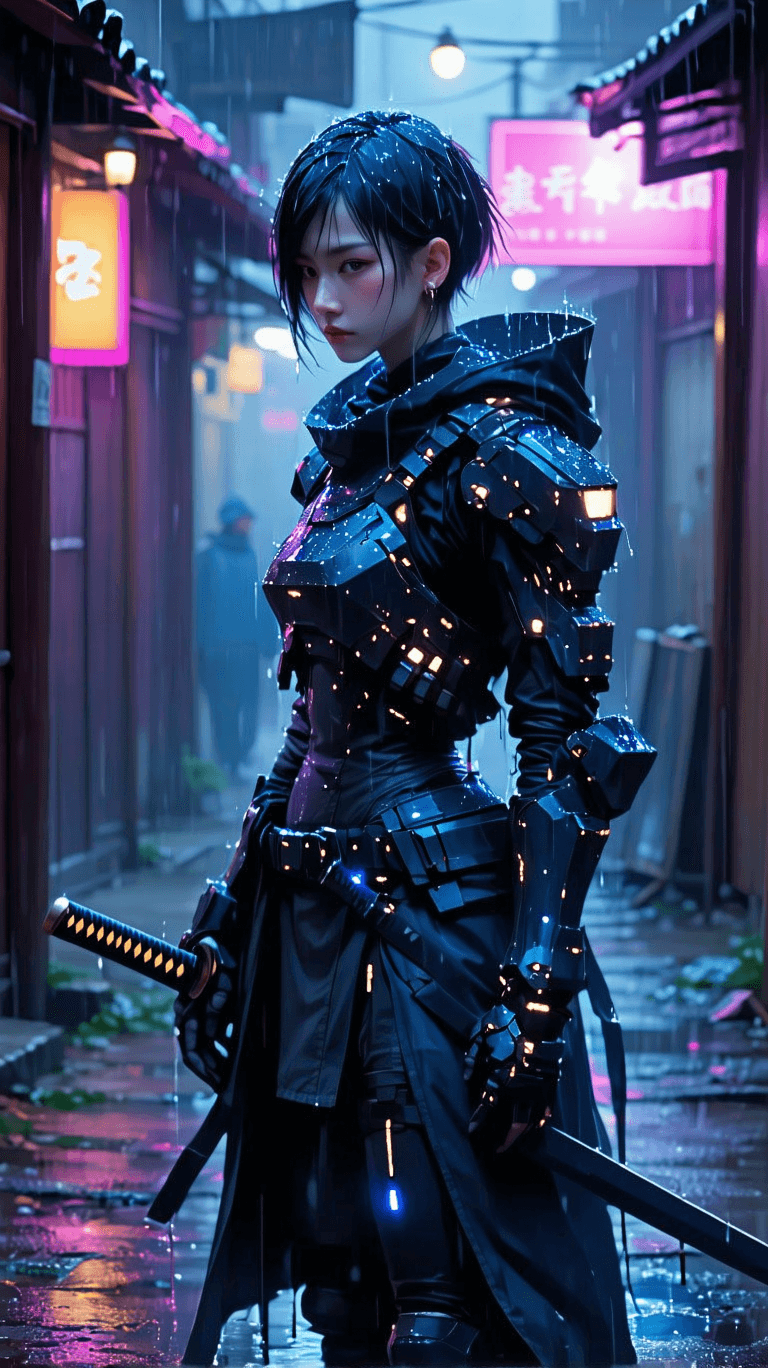 AI generated: A cyberpunk ronin, bathed in the rain-streaked reflections of neon city lights, displays quiet stren...