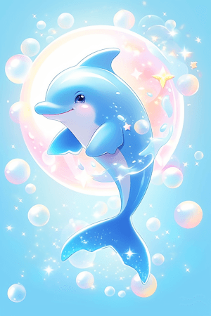 AI generated: Light blue playful dolphin playing a bubble, with shiny scales and a curved tail, by Ocean Animation...