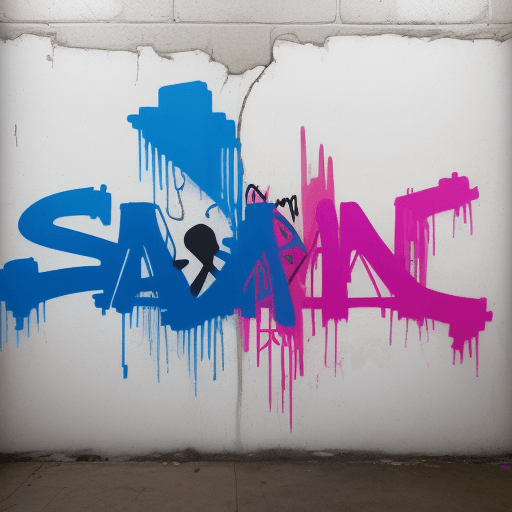 AI generated: A 16:9 raw style image of a Banksy-style graffiti of the word "SaiMan" on a white background. The gr...