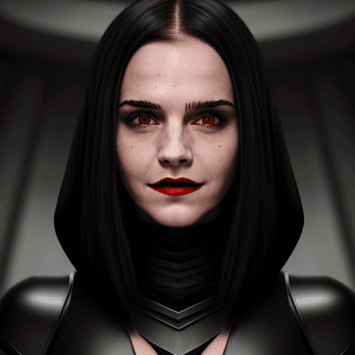 AI generated: Hyper realistic female sith (Emma Watson face) in black sith outfit, dark red lips, yellow eyes, bla...