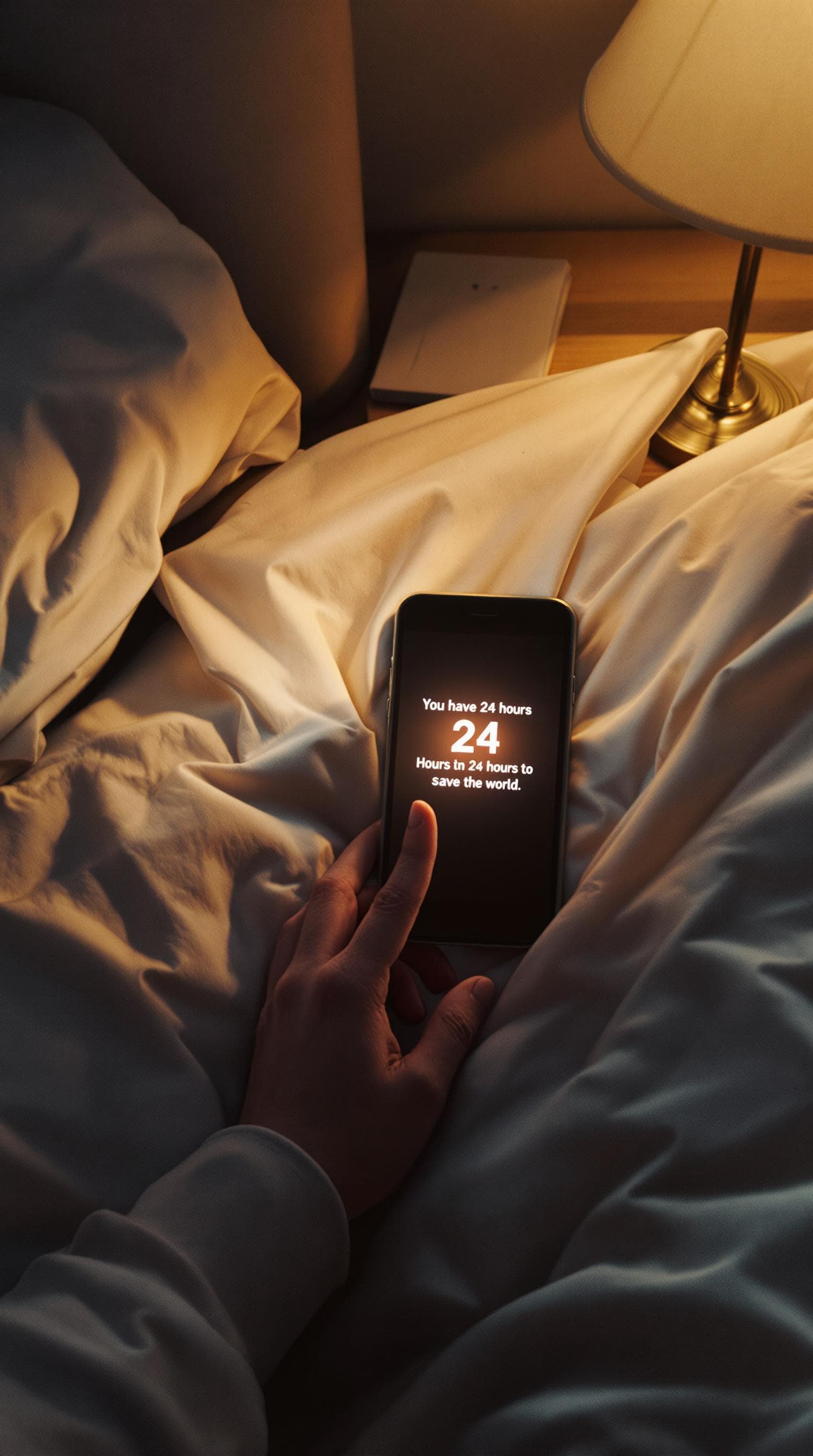 AI generated: "A first-person perspective of a person waking up to a vibrating phone on the bedside table. The scr...