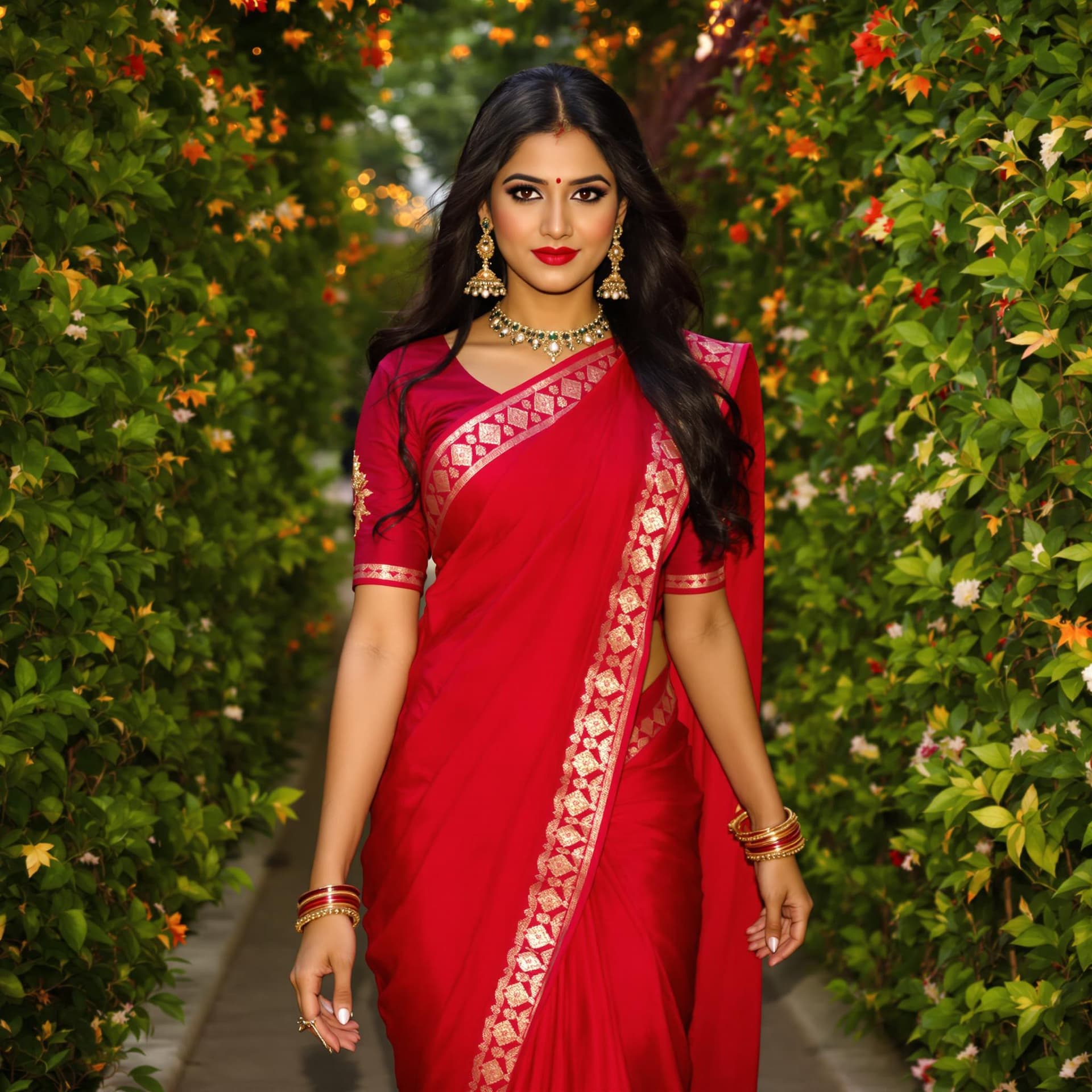 AI generated: a professional photograph of a beautiful young south Indian woman, 24yo, long hair, wearing sexy red...