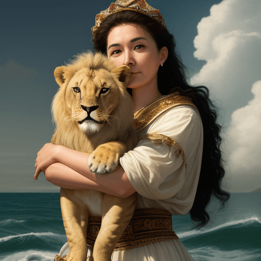AI generated: 

A ma holding a lion in sea