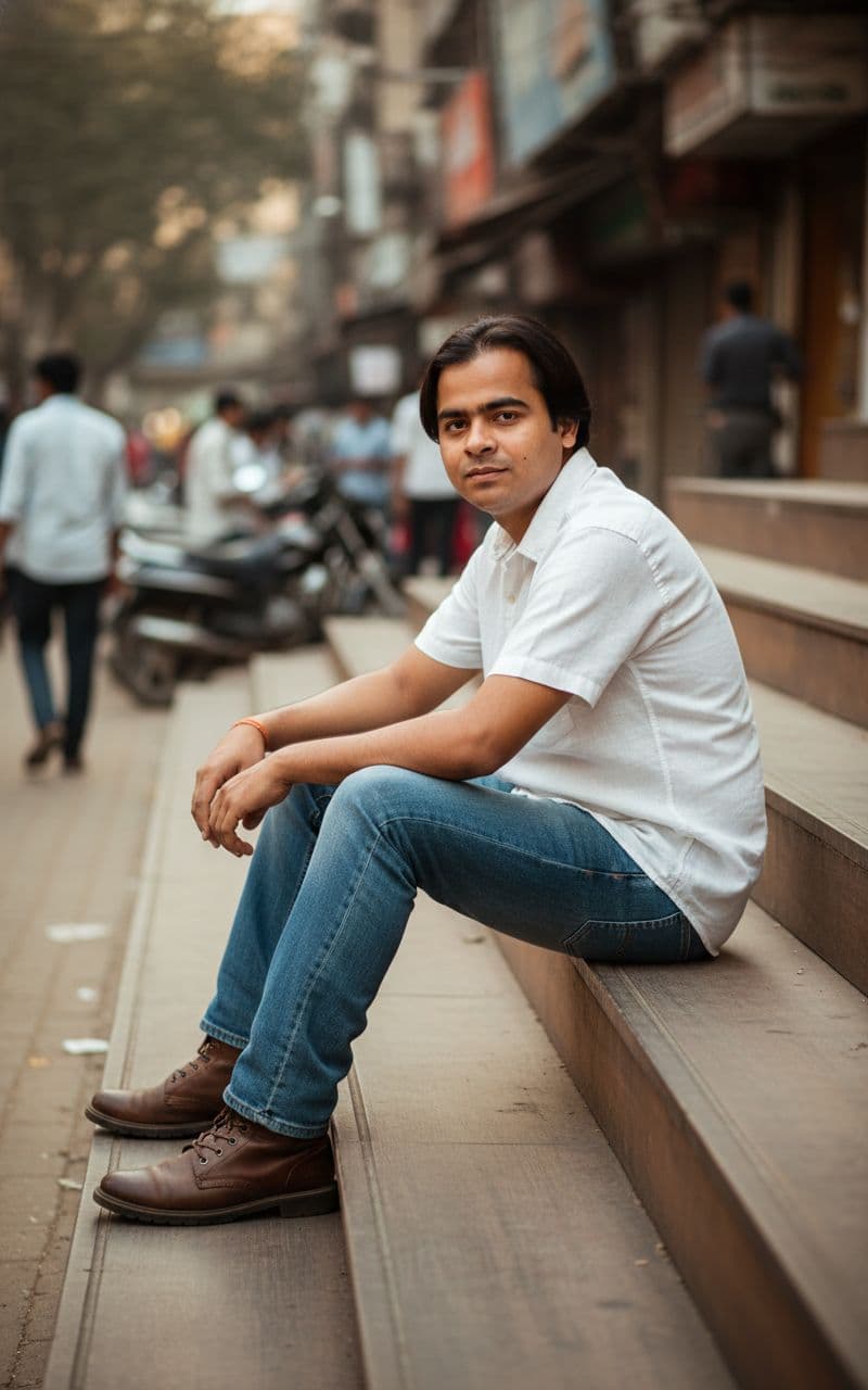 AI generated: Outdoor street-portrait set in New Friends Colony CC Market, New Delhi.

A stylish young man (use ...