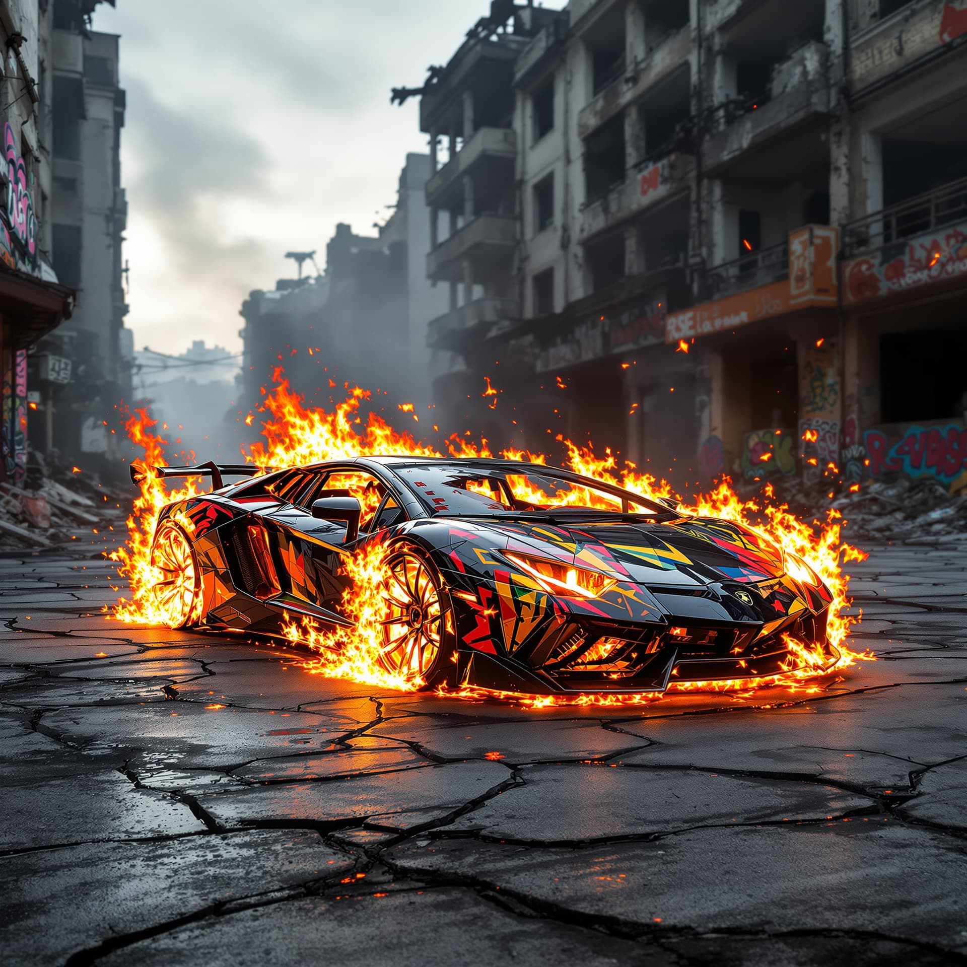 AI generated: a destroyed abandoned very colorful and shiny black Lamborghini on fire and the pavement under the c...