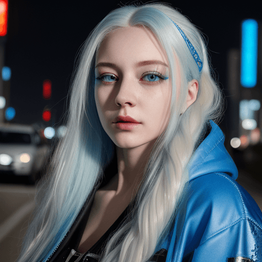 AI generated: A lady with a gorgeous face, and sleepy beautiful eyes, wearing a blue jacket, long white hair, cybe...