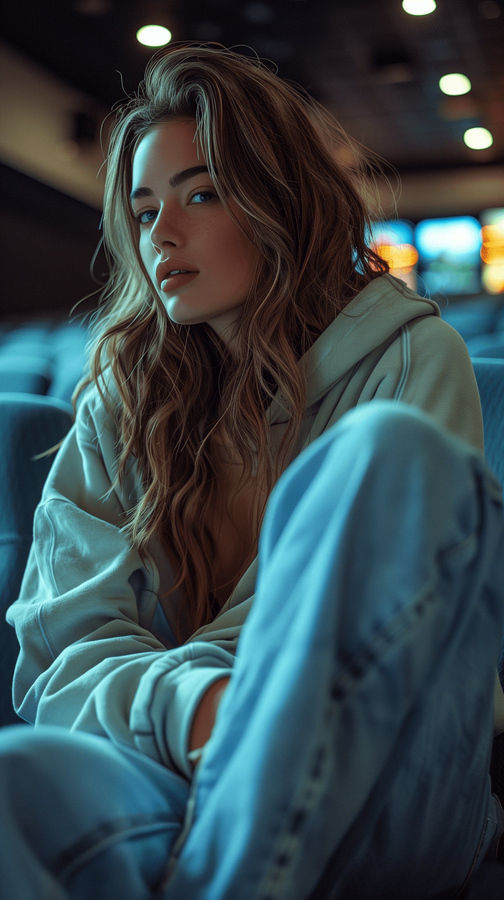 AI generated: photography, woman model lounges across the seats, oversized bright green color hoody and light-wash...