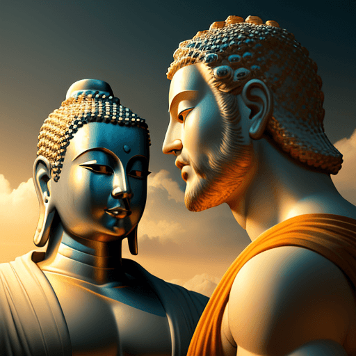 AI generated: Photo of a ultra realistic buddha and jesus christ, Golden light, pale sunrise, look from far, cinem...