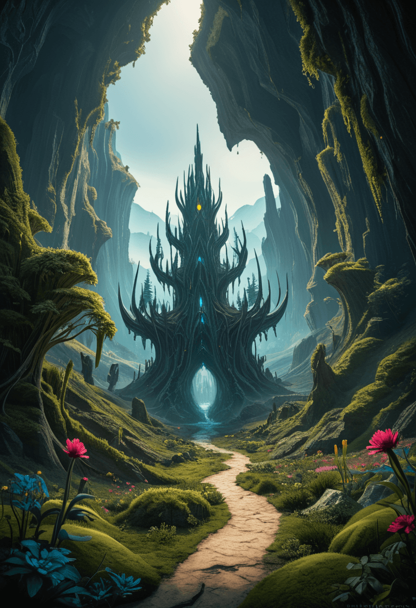 AI generated: Fantasy landscape,dynamic colors,bioluminescent alien plants,highres,realistic