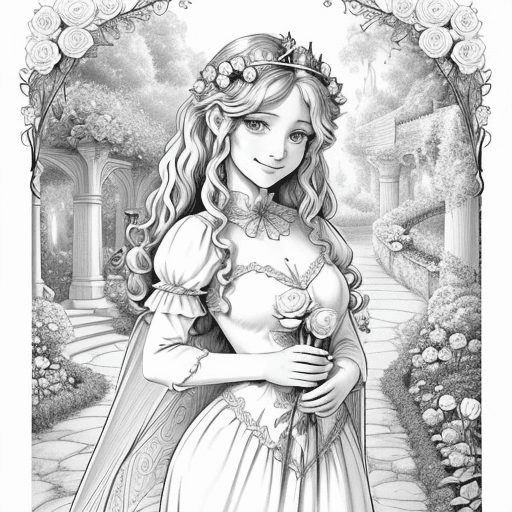 AI generated: Garden coloring page, a fairy with pretty eyes, tender smile and a queen with curly hair, tender loo...