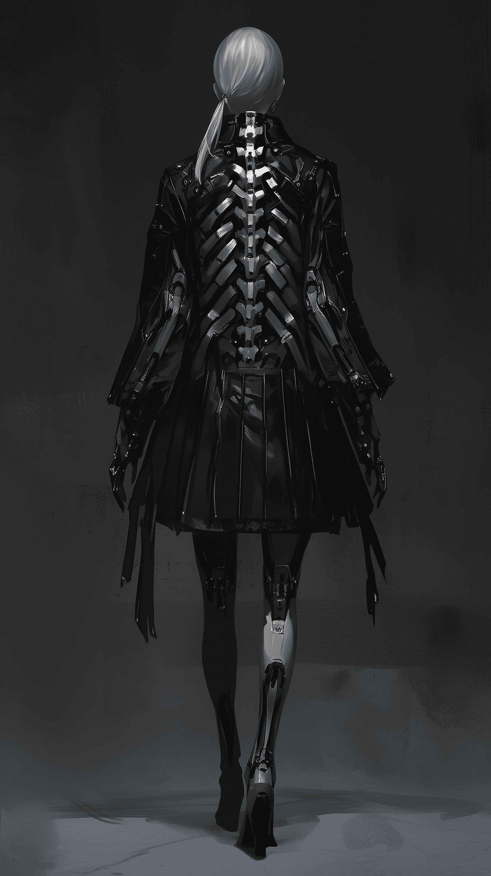 AI generated: illustration, full body woman, rear view, detailed exoskeleton jacket, inspired by skeleton, biomime...