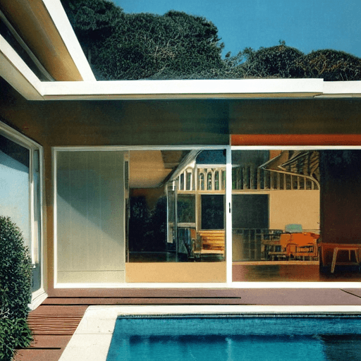 AI generated: Hyper realistic eye level exterior photo of a mid century modern style house overlooking the ocean, ...