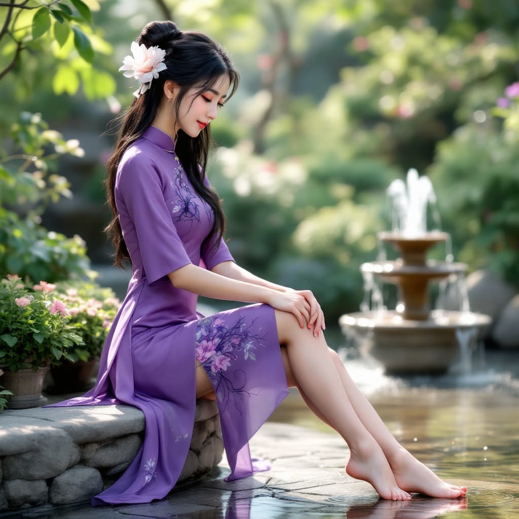 AI generated: full body view a dark haired korean girl dressed in an asian style, very short purple Cheongsam, lon...