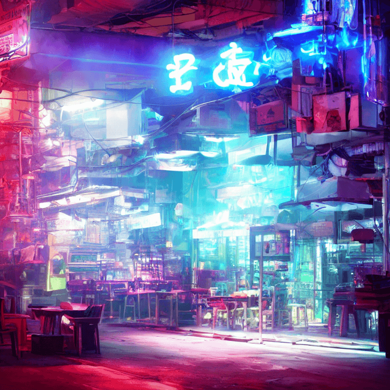 AI generated: futuristic thaifood, night, thailand, neon light, volumetric smoke, volumetric light, octane render,...