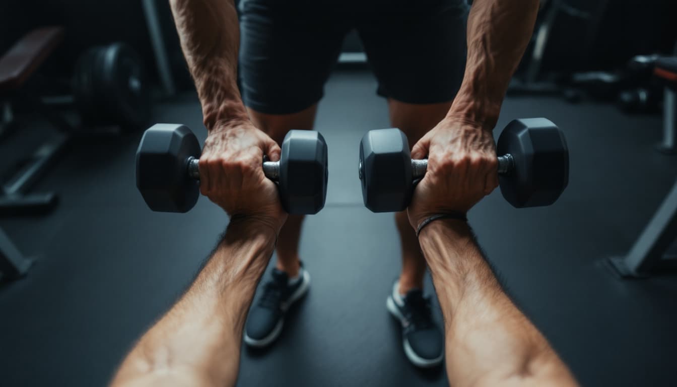 AI generated: POV first-person, I am lifting dumbbells in a gym. Only my hands (holding the dumbbells correctly) a...