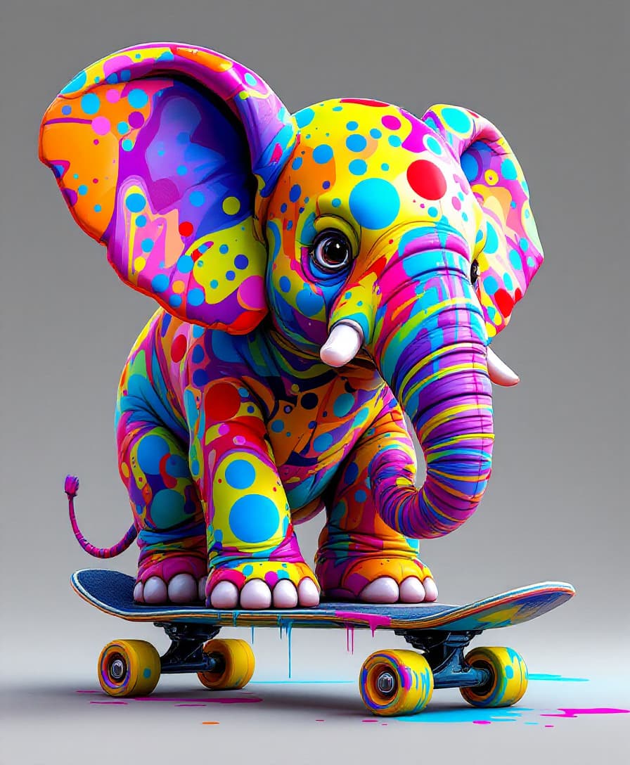 AI generated: stunning and dynamic 3D graffiti style artwork of a beanco elephant with blue dots on a skateboard, ...