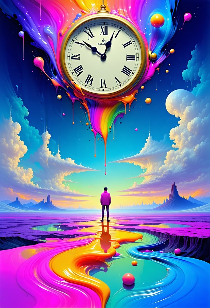 AI generated: a surreal and psychedelic scene, reminiscent of a Salvador Dali painting, where time and reality are...