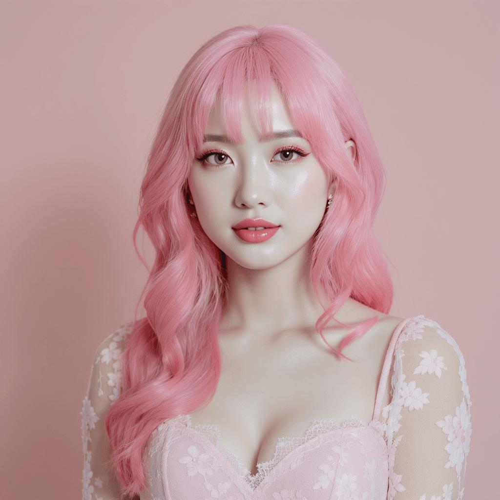 AI generated: A woman wearing pink hair in a pink lace dress, in the style of hyperrealism and photorealism, UHD i...