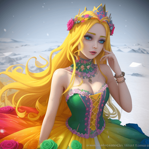 AI generated: Trendy woman wearing a colorful dress fanned from the bottom in the ice and snow area with colorful ...