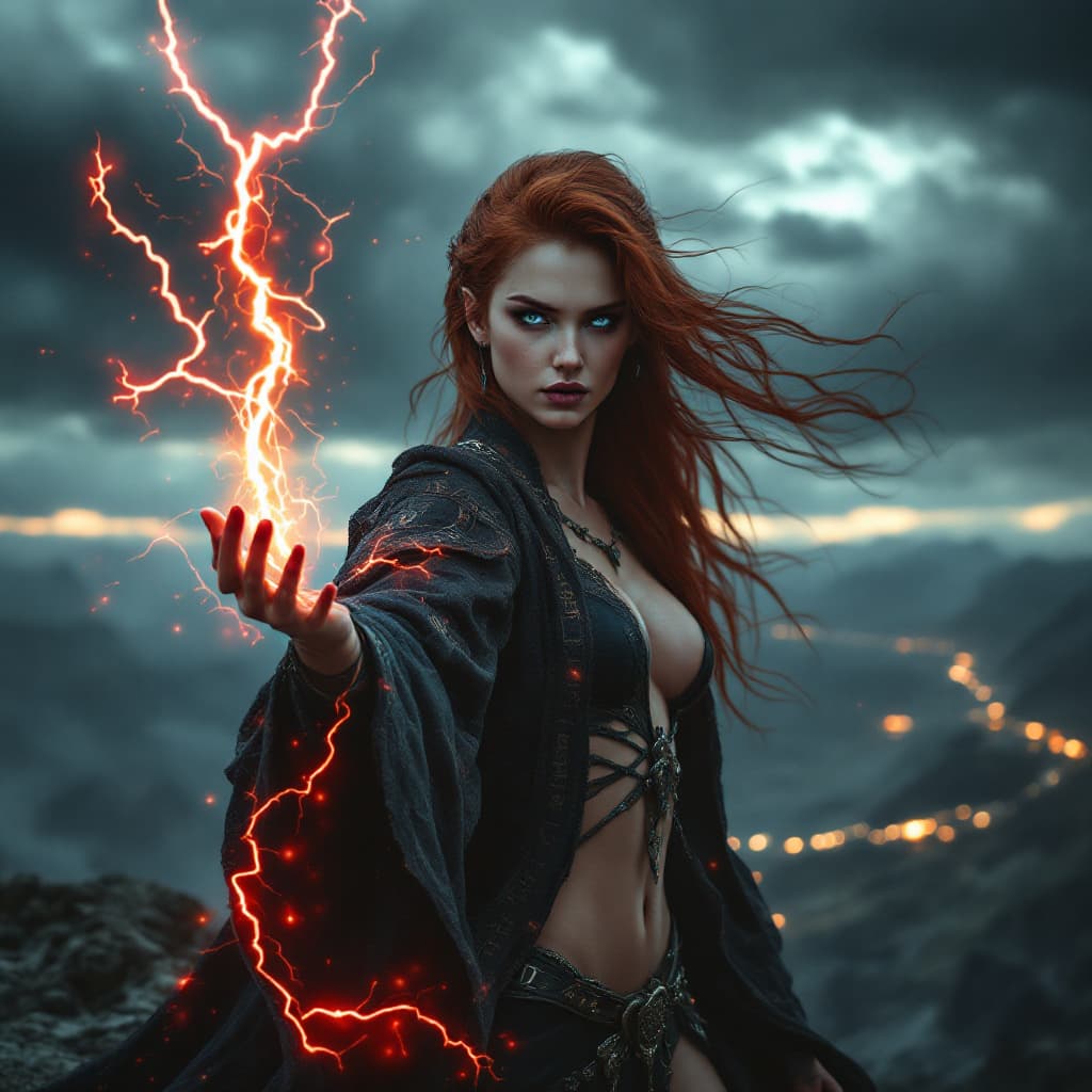 AI generated: A hyper-realistic cinematic video of a beautiful Nordic witch standing atop a rugged cliff under a s...
