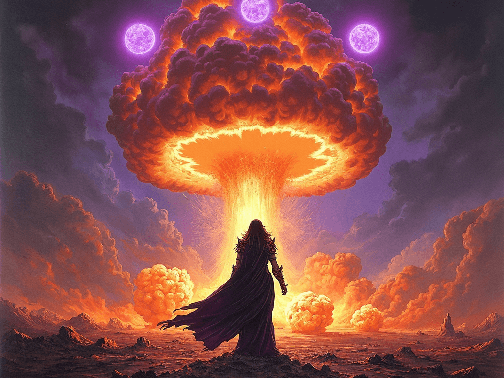 AI generated: In a classic hand-painted fantasy style, a powerful and beautiful fully (((naked)) )sorceress stands...