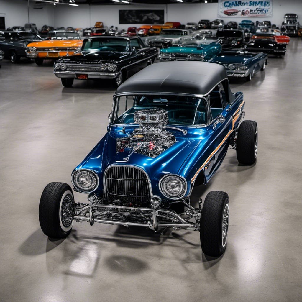 AI generated: a <lora:ratrod lowrider :1.0> showcasing its full wide view paintjob, highly detailed, 8k