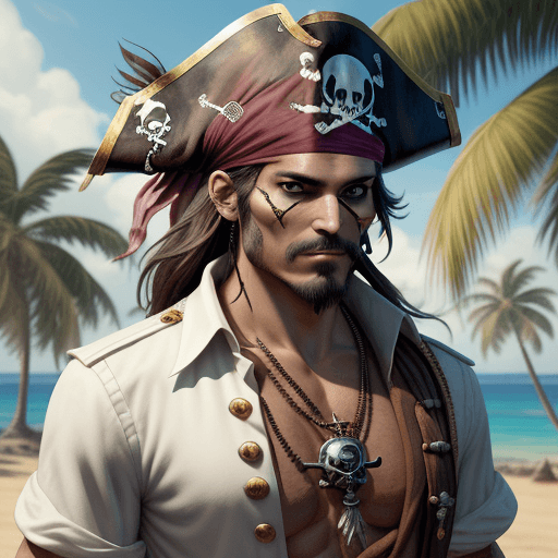 AI generated: pirate, manly, (full body), white shirt, golden amulet with a skull on the neck , pirate hat with a ...