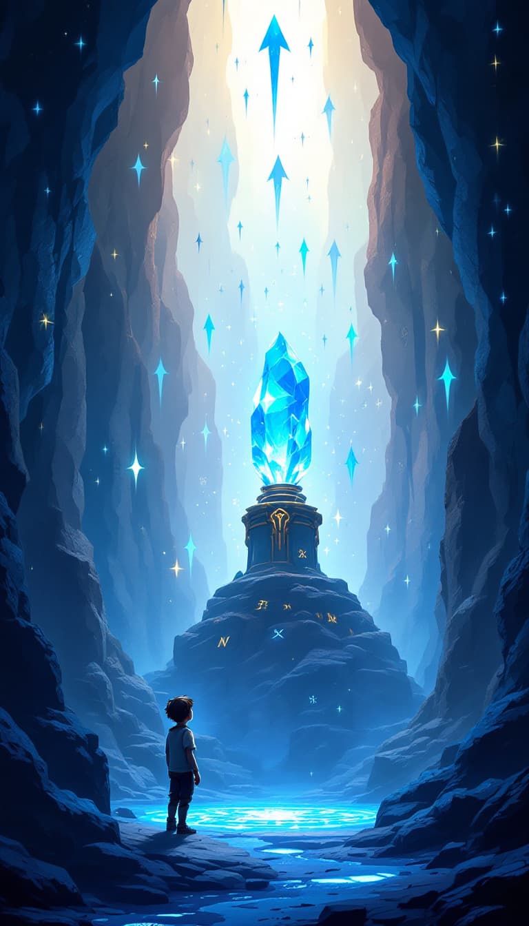 AI generated: "Inside a mystical cave illuminated by soft blue light, a glowing blue crystal sits on a pedestal su...