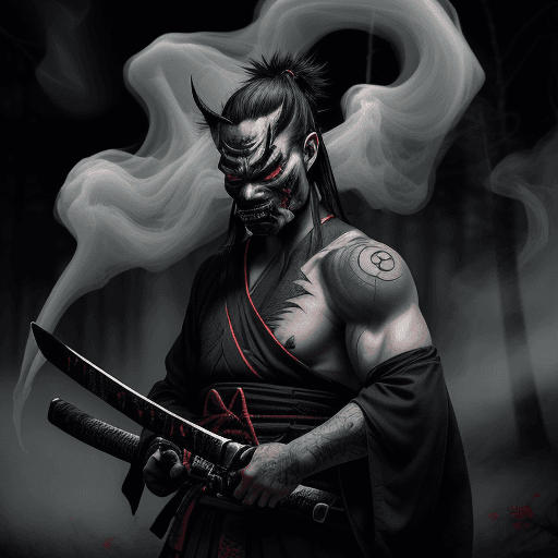 AI generated: A samurai with his demonic mask and his katana loves him, covered in ancient tattoos, coming out of ...