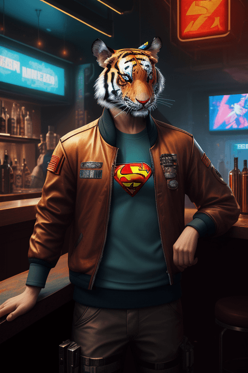 AI generated: A mouse is smoking in a bar, hyperrealistic futuristic soldier tiger wearing cyberpunk superman jack...