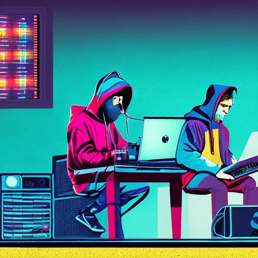 AI generated: a DJ in a hood and headphones sits at a laptop, next to him is a guy in a hood and a turquoise guita...