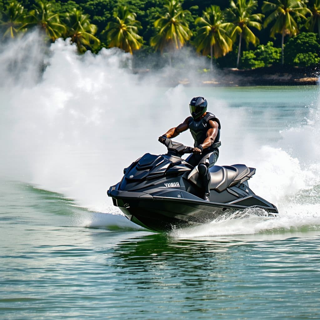 AI generated: General outline of a latest model black yamaha jet ski, 3 seater sitting a calm water with steam com...