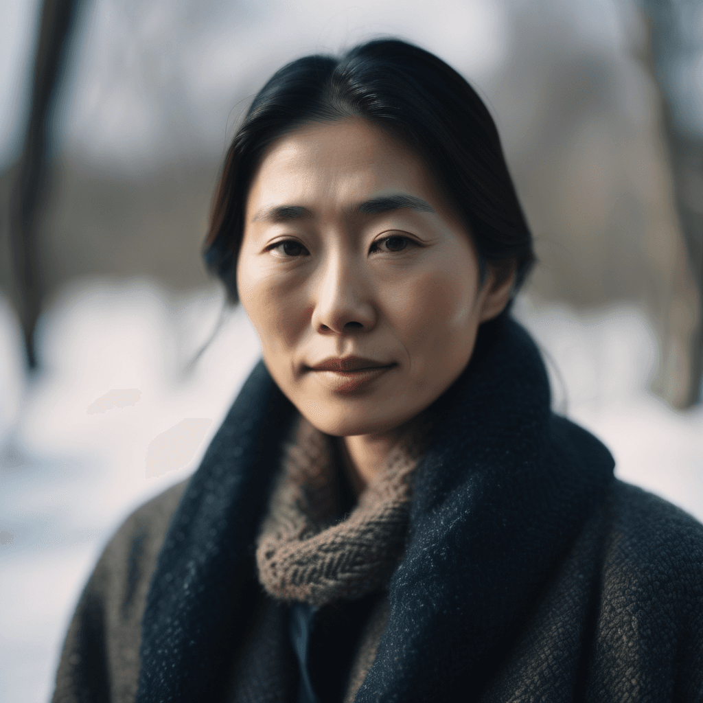 AI generated: An emotional close-up of a Japanese writer in a winter setting, with soft daylight, creating a seren...