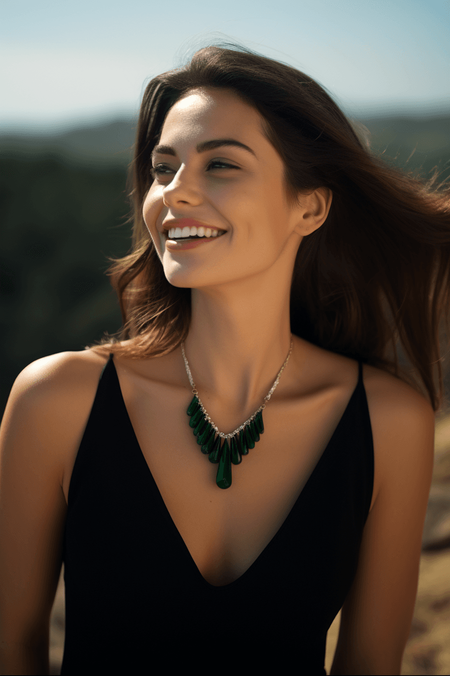 AI generated: Editorial style photo for high jewelry, medium closeup shot, off - center, a young, brunette woman, ...