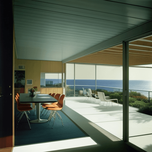 AI generated: Hyper realistic eye level exterior photo of a mid century modern style house overlooking the ocean, ...