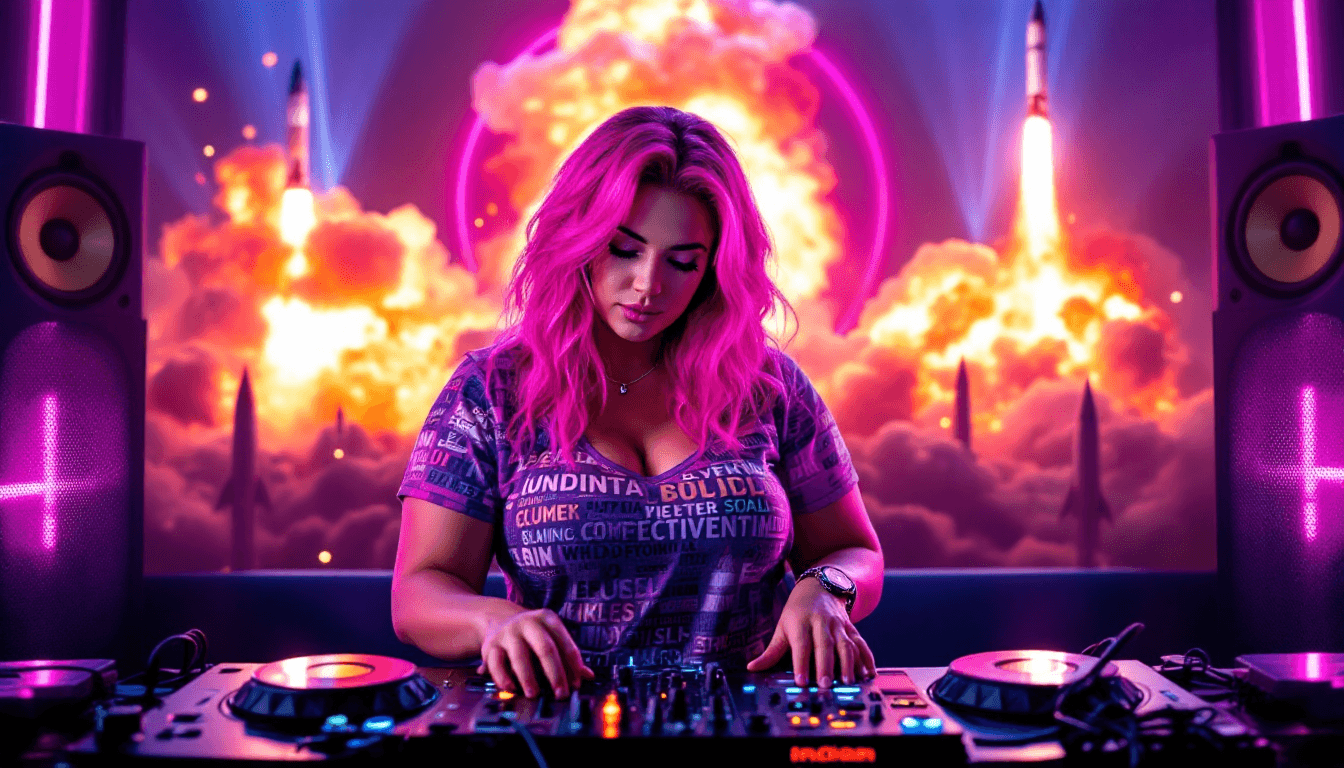AI generated: Dynamic, vibrant collage depicting a stunning Curvy female DJ in a nightclub setting juxtaposed with...