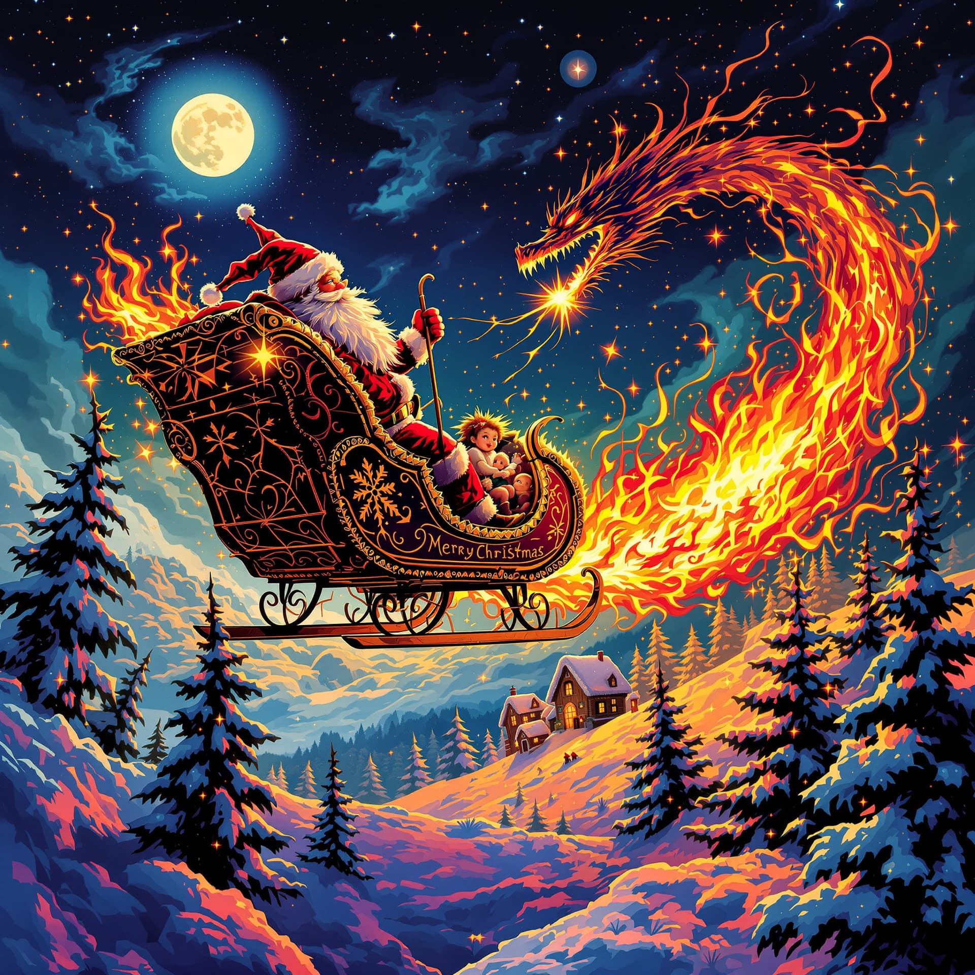 AI generated:  Merry Christmas to all and to all a good night. Psychedelic, surreal Christmas card Santa Claus in ...