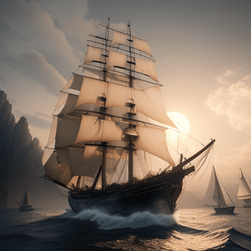 AI generated: An ultra-realistic photo of a sailing ship with dramatic lighting and a pale sunrise, featuring cine...