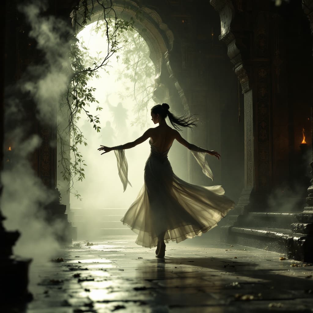 AI generated: 8. Tracking Shot (Variable Depth of Field)
Following a dancer as they move gracefully through the te...