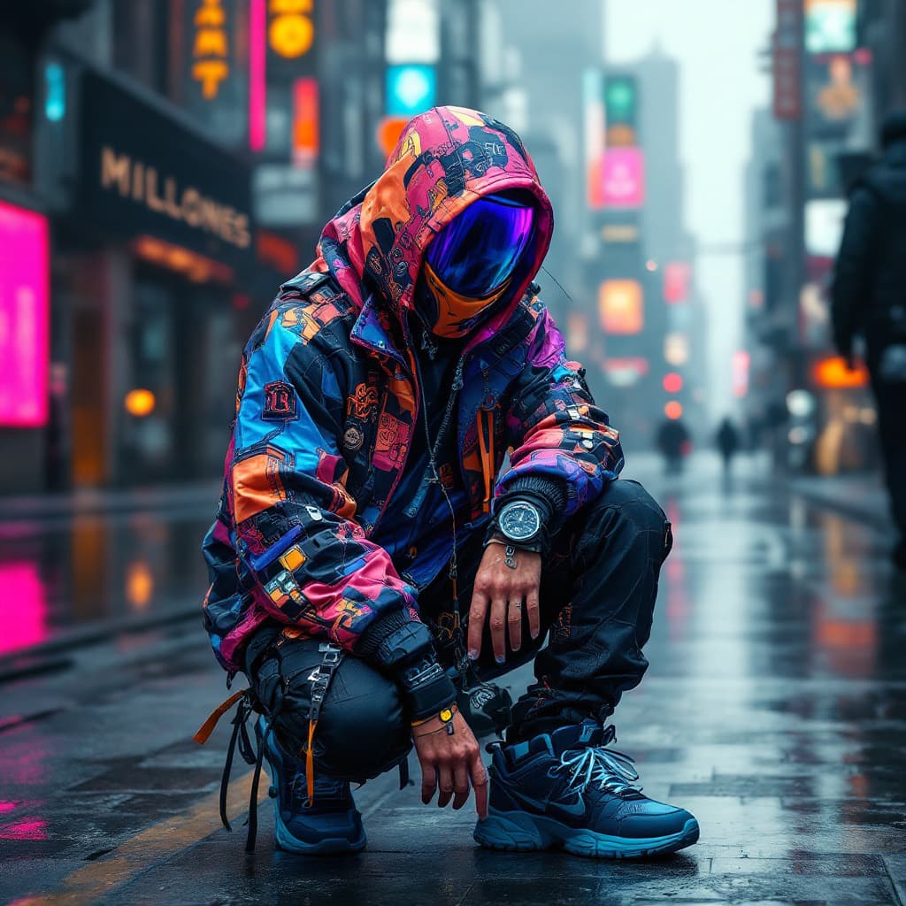 AI generated: cyberpunk GTA CHARACTER,  "MILLONES" BRAND techwear streetwear look and clothes, we can see them fro...