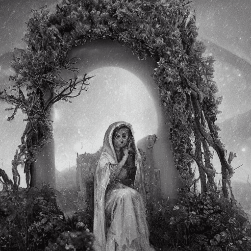 AI generated: A landscape of the mythical figure of Mary, the weeping woman, outside a cemetery at night. There is...