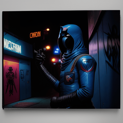 AI generated: cobra commander photo, dslr, 80s style, movie still, 35mm film, graffiti’s and tags on a wall, write...