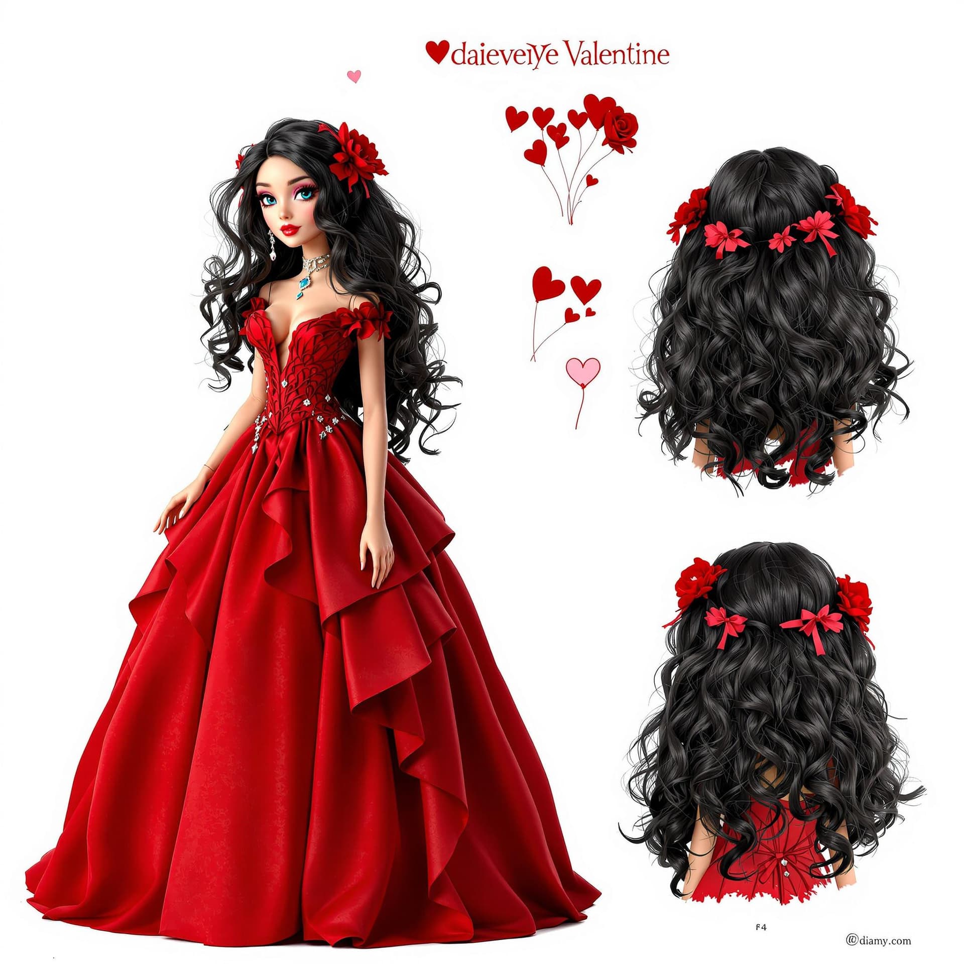 AI generated: Character sheet，diesney valentine, Girl with fasened top hair，red big gown, fully visible gown, with...