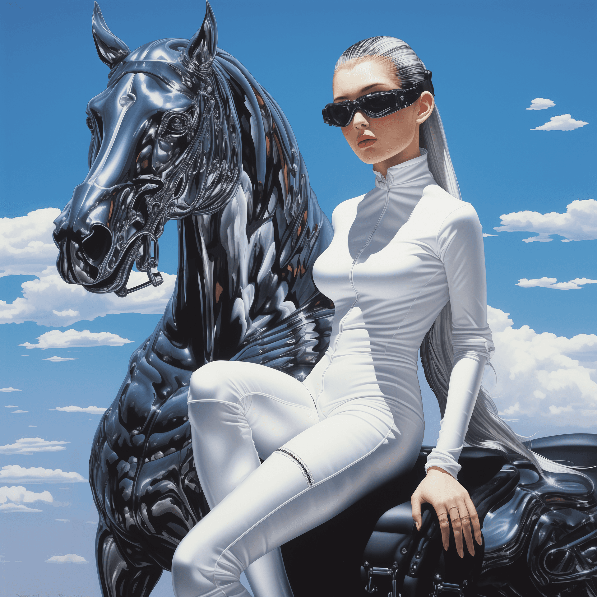 AI generated: hajime sorayama style girl sitting on the centaur --v 5.2