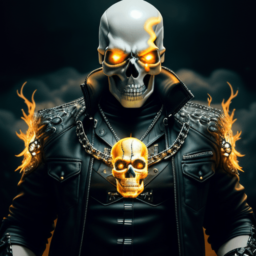 AI generated: a photo of 8k ultra realistic beautiful man GHOST RIDER HOLDING CHAIN, BURNING SKULL , intricate bla...