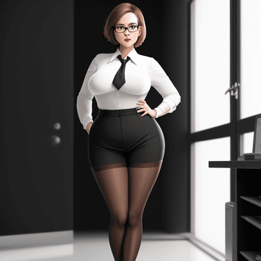 AI generated: Curvy Secretary, makeup, overknees, full figur, white open blouse, neck tie, black pantyhose, high w...