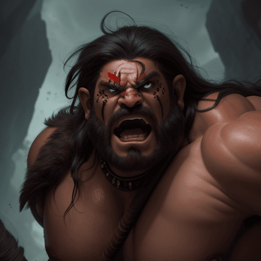 AI generated: a photograph featuring a downward view of a barbarian staring up at the viewer screaming, , there is...